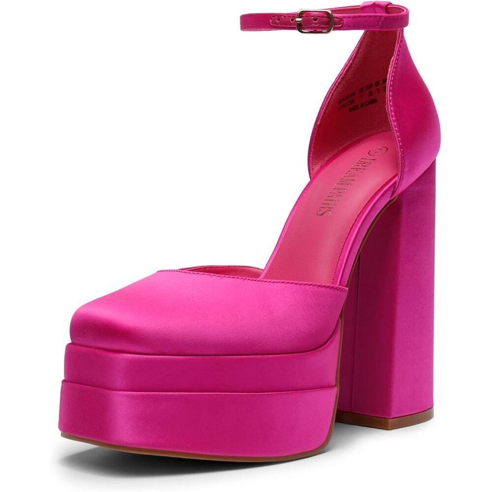 Dream Pairs Women Rose Red Faux Leather Closed Toe Chunky High Heels Platform